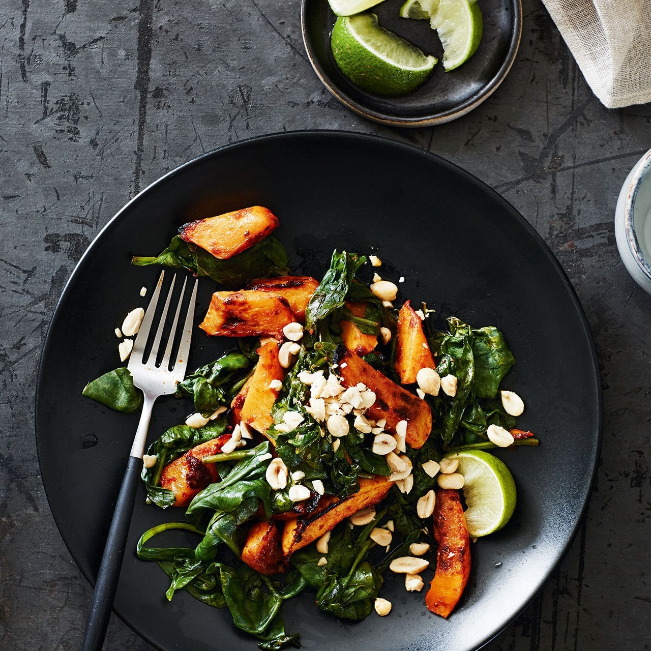 Korean-style roasted butternut squash and spinach salad