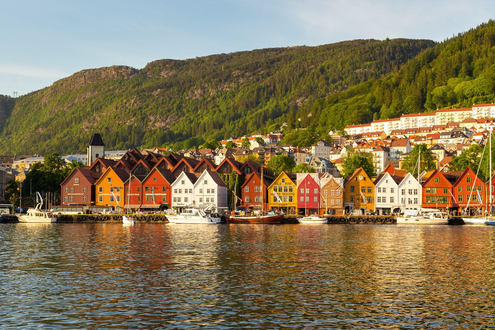View of the Bryggen a series of Hanseatic heritage commercial buildings on the eastern side of Vagen harbournbsp
