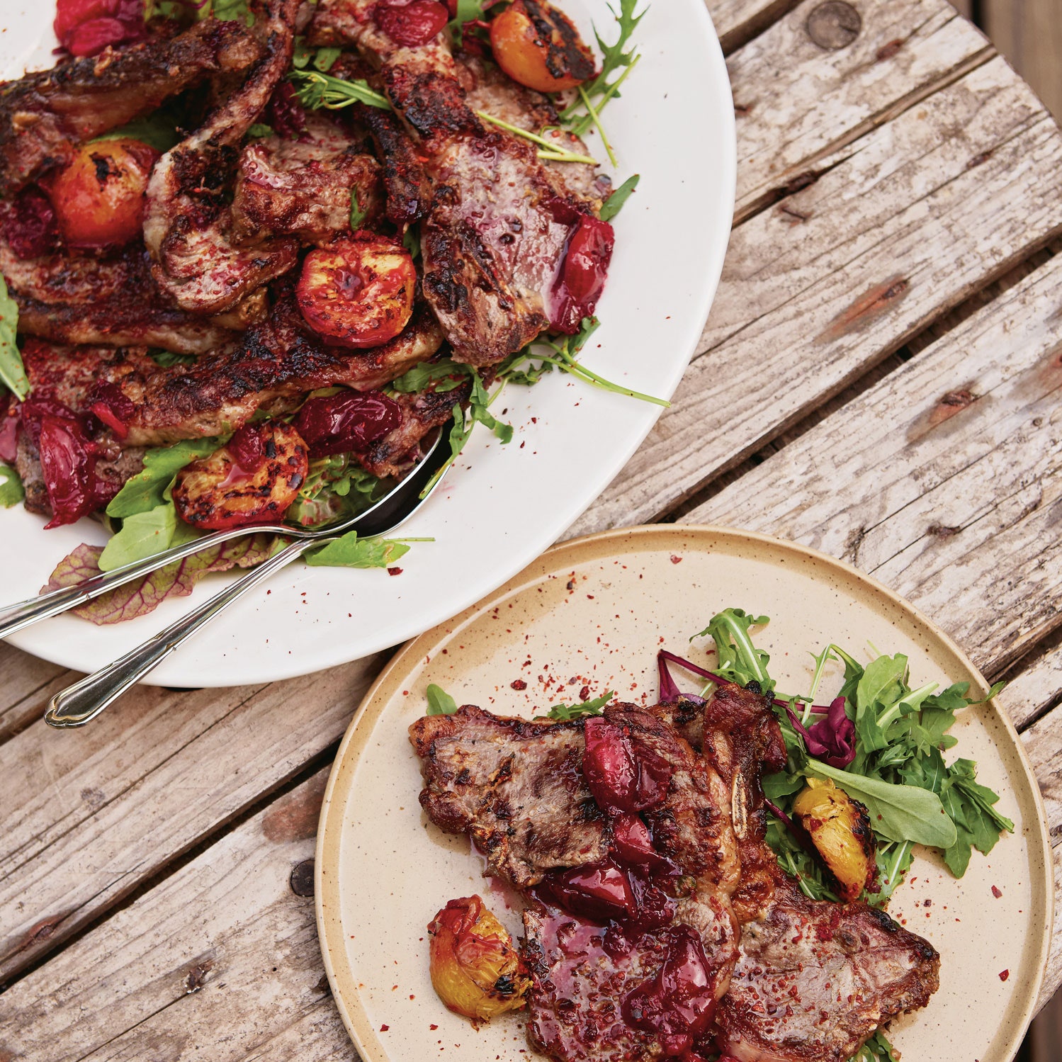 Tahini BBQ lamb chops with fresh plums and spiced plum sauce