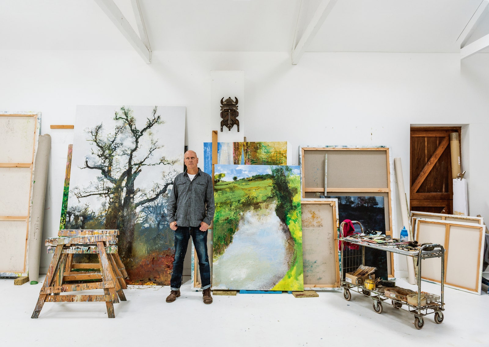 Kurt in his studio in front of Winter 1000 Year Old Oak Oxfordshire  and Hot May Day the River Nadder a Wiltshire Chalk...